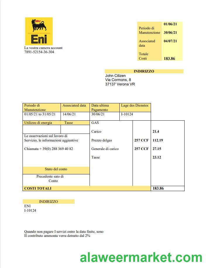 Italy Gas utility bill template in .doc and .pdf format, fully editable